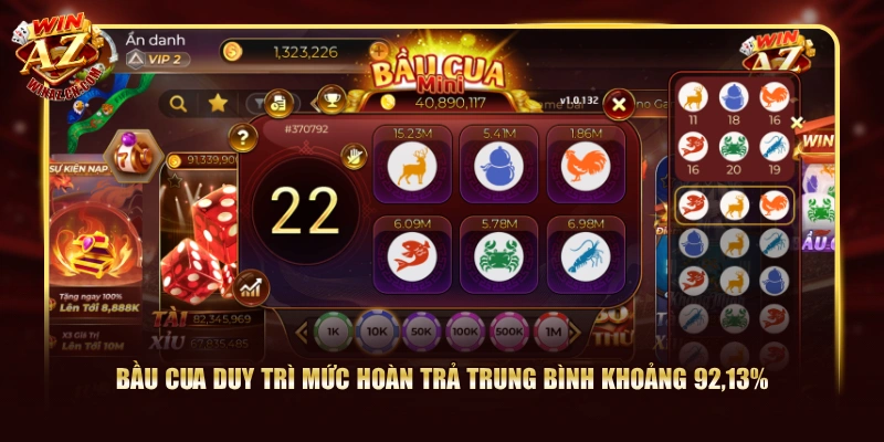 Toàn Tập Bầu Cua WinAZ - Luật Và Tỷ Lệ Thưởng Chi Tiết 1 Bầu Cua duy trì mức hoàn trả trung bình khoảng 92,13%