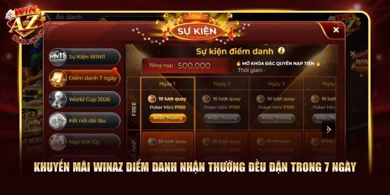 Khuyến Mãi WinAZ - Ngập Tràn Phần Quà Siêu Hot Năm 2026 2 Khuyến mãi WinAZ điểm danh nhận thưởng đều đặn trong 7 ngày